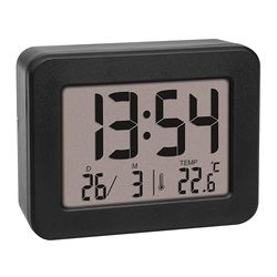 TFA Dostmann Mini Despertador Digital 60.2044.01, Funciona con Pilas, con Alarma Fuerte, Temperatura Interior, Fecha, Reloj de Cuarzo, Despertador de Viaje, Color Negro
