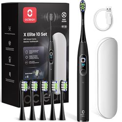 Oclean X Elite 10 Brosse à dents électrique sonique, 5 Modes et 12 zones de suivi, Brosse à dents électrique, SmarTimer, 40 jours autonomie, Silencieux, 6 Têtes & Étui Voyage, Noir Set