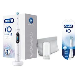 Oral-B iO 8, Go Electric, Spazzolino Elettrico Ricaricabile, 1 Spazzolino Bianco con Tecnologia Magnetica, 1 Testina, 1 Astuccio Magnetico + Testine di Ricambio per Spazzolino Elettrico, 4 Pezzi