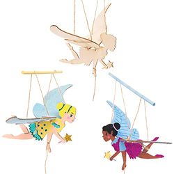 Baker Ross AT544 Fairy Wooden Flying Puppet Kits - Pack of 3, Wooden Template For Children Arts And Craft Moving Puppet