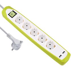 Electraline 62161 Gummy-Line stekkerdoos, 5-voudig met schakelaar + 2 USB 2.1A, kabel 2 m, meervoudige stekkerdoos, tafelcontactdoos, extra platte stekker, groen