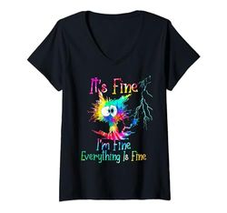 Mujer Black Cat It's Fine I'm Fine Everything is Fine Funny Gift Camiseta Cuello V