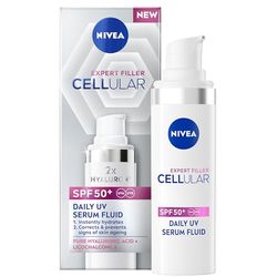 NIVEA Cellular Expert Filler Daily UV Serum Fluid SPF 50+ (30ml), Hydrating Anti-Ageing Cream with Sun Protection and Hyaluronic Acid, Face Sun Cream to Smooth Fine Lines and Wrinkles