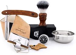 Vintage Style Men's Shaving Set with Synthetic Hair Shaving Brush,Cut Throat Razor/Barber Style Razor, Double XL Pure Leather Strop & Sharping Paste,Stainless Steel Bowl +Free Aluminum Stick (Dark Brown)