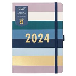 Busy B - Agenda Busy Life - Janvier à Décembre 2024 - Motif Rayé - Planificateur semainier A5 avec doubles horaires, porte-stylos et pochettes