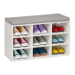Relaxdays Shoe Bench, 9 Compartments, 49.5x80x31 cm, Padded Seat, for Hallway & Bedroom, Footwear Storage, White/Grey