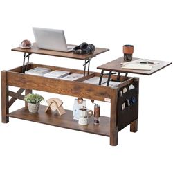 VEVOR Lift Top Coffee Table, 47.5 in Rectangle With Extra Storage Pockets, Pop Up for Living Room, Brown