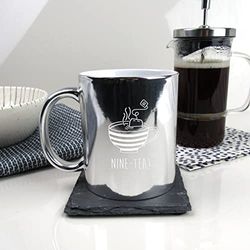 eBuyGB Engraved Metallic Shiny Silver Coffee Mug -Nine-Tea Design - 350ml Tea Cup, 90th Milestone Birthday Gifts for Men, Him - Ninetieth Gift for Friend, Grandad, Dad, Husband