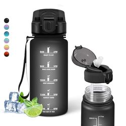 Borraccia, 500ml Borraccia Bambini, Borraccia Motivazionale con Cannuccia, Borraccia con Orari per Bere, Facile da Trasportare, Borraccia per Bere di Piu, per Scuole, Uffici, Campeggio, Viaggio, Nero