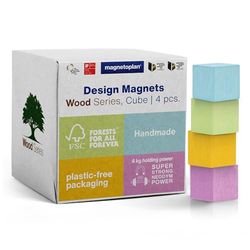 magnetoplan Design Magnets Wood Series Cube, 4 Piezas, imanes Premium de Madera en 4 Colores Pastel, Cuadrados, con Certificado FSC