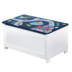 roba Banc-Coffre à Jouets "Rennfahrer" pour Enfant en Bois - Banc de Rangement - Fermeture Douce - Blanc/Bleu