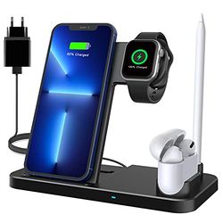Draadloze oplader, 4-in-1 inductief laadstation met 18 W snelle adapter voor Apple Watch Airpods Pro, Qi-gecertificeerd, draadloze oplader voor iPhone 12/SE/11/X/XR/Xs Max/8, Samsung Galaxy S20/S10