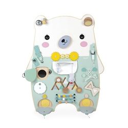 Janod- Pozo Busy Board Ourson-20 Gran Tablero de Actividades de Madera-Ideal para el Desarrollo de la Motricidad Fina, la Curiosidad y la Destreza-Altura 60cm-A Partir de 18 Meses (JURATOYS J05162)