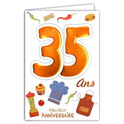 Ålder Mv 69-2030 födelsedagskort 35 år man kvinna design matlagning kock BBQ hamburgare tårta cupcake bakverk dragsko blå hatt