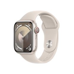 Apple Watch Series 9 [GPS + Cellular 41 mm] med boett i aluminium stjärnglans och Sportband i stjärnglans – S/M. Träningsmätare, apparna Syrenivå i blodet och EKG, Retina-skärm som alltid är på