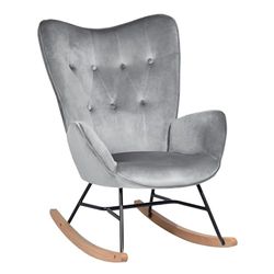 39F FURNITURE DREAM Velvet Rocking Children's Relaxing Scandinavian Armrest Lounge Chair with High Back Bedroom Office Living Room, Grey, 68 x 87 x 98 cm