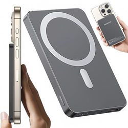 PORTENTUM Power Bank MagSafe 10000 mAh Ultrafino 14 mm – Bateria Externa Carga rapida 22,5 W – Cargador portátil magnético PD y QC – Powerbank inalámbrica Qi 15 W – USB-C + USB-A para iPhone Samsung