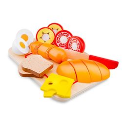 New Classic Toys 10578 Wooden Pretend Play Kids Cuttable Breakfast Set on Board Cooking Simulation Educational Color Perception Toy for Preschool Age Toddlers Boys Girls, Yellow