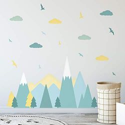 Walplus Stickers Kamerdecoratie - Decoratief Niet Giftig Blijvend Vinyl Raam Muur Kast Deuren Kleurrijk Berglandschap, Groen, Scandinavische Stijl, Muurstickers Voor Kinderen 24Pcs Geel &Blauw