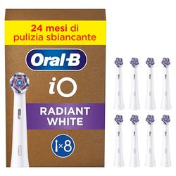 Oral-B Testine Di Ricambio iO Radiant White per Spazzolino Elettrico Oral B, 8 Testine Rotonde Autentiche Bianche, con Setole Angolate e Setole Lucidanti