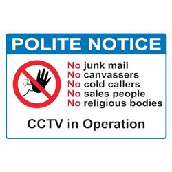 Ambiance Sticker Adesivo in vinile con segnaletica – DP063AL-W Polite Avviso: No Junk Mail, No Canvassers, No Cold Callers, No Sales People, No Religious Bodies, CCTV in Operation Sign – H10 x L15 cm