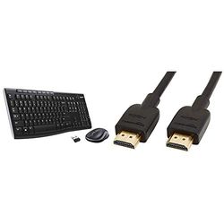 Logitech MK270 Wireless Keyboard and Mouse Combo for Windows, 2.4 GHz Wireless, Compact Mouse, Full Sized Keyboard, Black & Amazon Basics High-Speed 4K, Ultra HD, HDMI 2.0 Cable - 0.9m