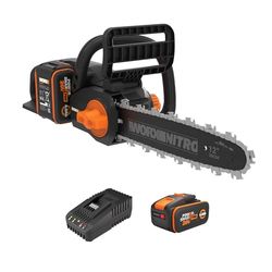 WORX WG350E Nitro Professionele accu-kettingzaag, 20 V, krachtige houtzaag, 10 m/s, 30 cm zaaglengte, compact en veilig, automatische smering, eenvoudige kettingspanning, met 4 Ah accu en oplader