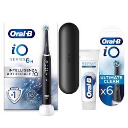 Oral-B Spazzolino Elettrico iO6, Ultimate Clean Testine e Dentifricio Gengive & Smalto Repair, 1+6 Testine, Sensore di Pressione, 5 Modalità di Spazzolamento, Custodia da Viaggio, Nero, Idea Regalo