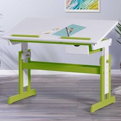 Inter Link - Bureau réglable en hauteur - Bureau pour enfants, élèves - Pupitre inclinable - Support pour livres - Bois massif laqué blanc - Applications en vert - Vert / Blanc