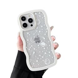 ZTOFERA Hoesje voor iPhone 15 Pro Max 6,7 inch, schattige krullende golf frame vorm hoesje met ster ruimte patroon, doorzichtige slanke schokbestendige harde PC bumper telefoonhoesje voor iPhone 15