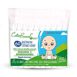 COTTON SOUND ECO Cotoned babypinnar 1 kuvert x 60 bitar, Bomullspinnar för barn, Miljövänlig och biologiskt nedbrytbar, 100% Hydrofil bomull, Komposterbart kuvert, Tillverkad i Italien