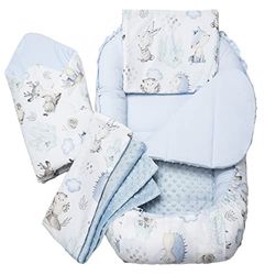 Medi Partners 5-delige Babynest Set 100x60x15 Uitneembaar inzetstuk Bed Knuffel Nestje Baby deken Pasgeboren 100% katoen (Hert en Egel met lichtblauwe Minky)