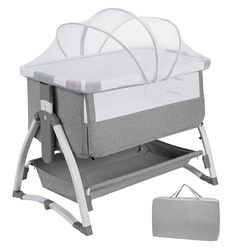 Bijzetbed voor baby's, 4-in-1, wieg, babybed met zacht matras, reistas, muggennet, draagbaar babybed met 7 verstelbare hoogtes voor pasgeborenen tot 6 maanden, grijs