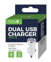 Simply ICDC02 Dual USB 1amp & 2.1amp Car Charger with LED Light Indicators for Apple Android and Other USB Devices, White
