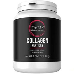 Collagène Poudre + Acide Hyaluronique et Vitamine C 500g Dulàc Made in Italy, Supplément de Peptide de Collagène Hydrolysé Type 1 - Peau, Cheveux, Cartilage, Articulations