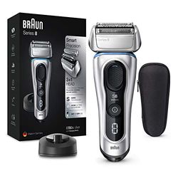 Braun Series 8 8350s Dernière Génération Rasoir Électrique Barbe Homme, Base de Recharge, Étui Tissu, Noir Argent, Idée Cadeau Homme