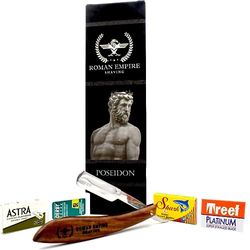 Rasoio a Mano Libera Poseidon di Roman Empire Shaving | Rasoio per Uomo Professionale da Barbiere per Barba, Baffi e Contorni con Set di 20 Lamette (Astra-Sharp-Shark-Treet)