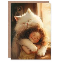 Artery8 Birthday Card Cute Little Girl and Giant Cat Pet Love For Son Daughter Girl Boy Kids Happy Card