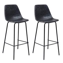 Set van 2 vintage barkrukken LUCIEN donkergrijs - Zithoogte 75cm, retro stijl barkrukken met rugleuning en voetensteun, metalen frame