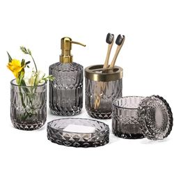 EMPO 6PCS Bathroom Clear Glass Accessories Set (Lotion Soap Dispenser, Soap Dish, Toothbrush Holder, Tumbler, Cotton Swab Jar), Contemporary Modern Decor Crystal Vintage Gift (6pcs Grey)