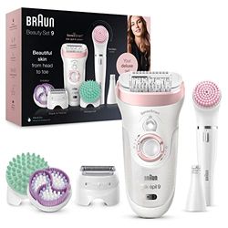 Braun Silk-épil 9 Beauty Set, Hair Removal With SensoSmart Epilator, Facial Epilator for Women, Facial Cleansing Brush, Lady Shaver & Trimmer Head & Exfoliator, Wet & Dry, Wireless, 9-995, White/Pink