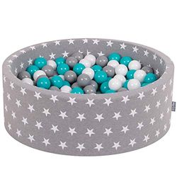 KiddyMoon Suchy Basen 90x30cm/200 Piłek ∅ 7cm, Okrągły Miękki Basen dla Dzieci z Kolorowymi Kulkami, Gwiazdki Białe-Szary: Szary-Biały-Turkus