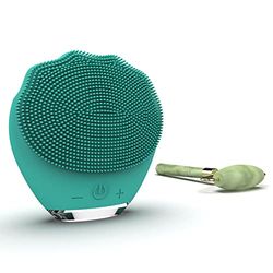 Wottocare Rechargeable Silicone Facial Cleanser and Massager with Natural Jade Roller and Carrying Bag - Intelligent Cleansing for All Skin Types - Anti Aging Massager - Green