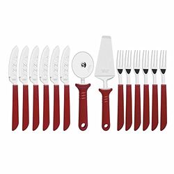 Cubiertos para pizza y utensilios rojos de 14 piezas. Acero inoxidable y plástico.