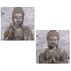 DRW Set di 2 quadri tela legno quadrati con un Buddha multicolore 60 x 3 x 60 cm