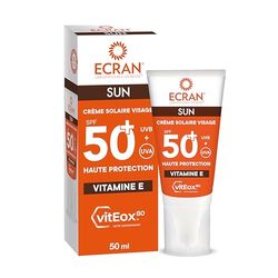 ECRAN® - Crème Solaire Visage - Haute Protection - Technologie vitEox80 - Vitamine E - Protection UVA, UVB, Lumière Bleue, Coups de Soleil - Protection Solaire SPF 50+ - Bronzage Naturel - Anti Âge