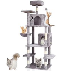 VEVOR Árbol para Gatos 174cm Torre de Escalada para Gatos con Rascador de Sisal 2 Casetas Hamaca Percha Superior Plataformas de Salto Bolas Colgantes para Actividad en Interior, Gris Claro