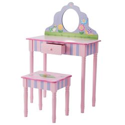 Fantasy Fields Coiffeuse Enfant avec Tabouret Miroir Meuble en Bois Fille Rose Teamson TD-13245A