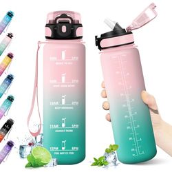KollyKolla 1 liter vattenflaska med sugrör, läckagesäker, gymflaska, motiverande flaska, vattenflaska för vuxna, barn, sport, skola, cykling, gym