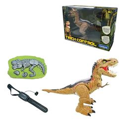 Lexibook - RC Tyrannosaure Control, Dinosaure réaliste, Mouvements articulés, Rugissements, Crachat de fumée, Effets Lumineux, Rechargeable, télécommandes fossile et Poignet incluses, DINO02 Marron